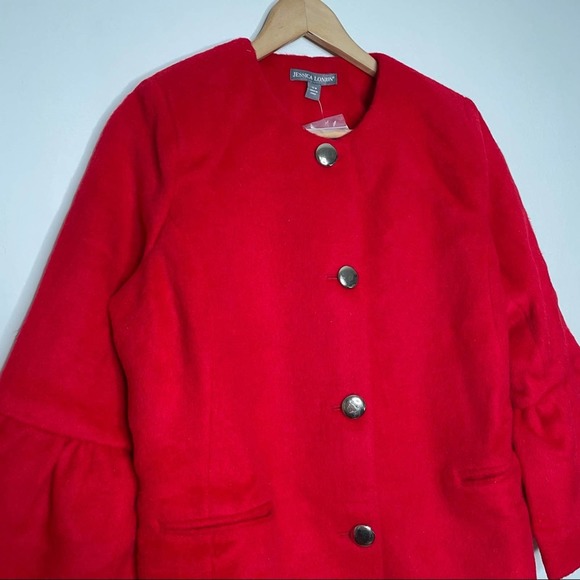 Jessica London Wool Button Down Jacket Bell Sleeve Red Coat - Picture 4 of 12